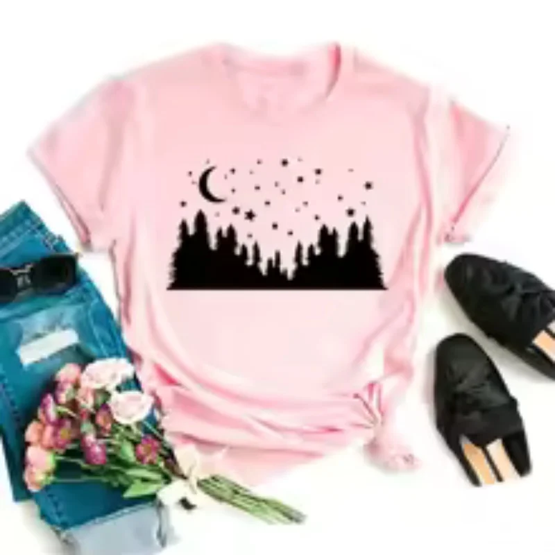 Summer fashion girl's fun crescent hanging forest print women's round neck short sleeved comfortable T-shirt gift top
Summer fashion girl's fun crescent hanging forest print women's round neck short sleeved comfortable T-shirt gift top