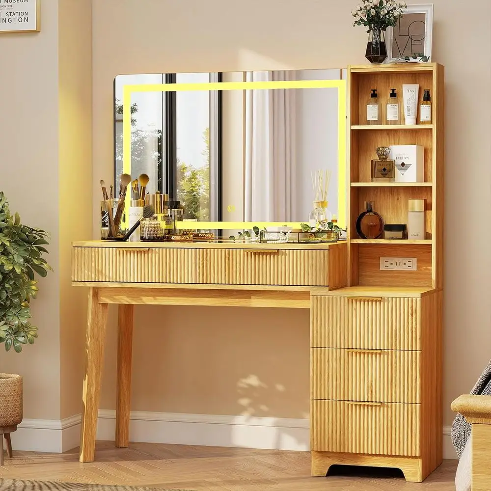 luted Makeup Vanity Desk: 48" Oak Vanity Desk with Large 36" Mirror and Lights, ern Glass Top Vanitys Table with 5 Ders, Chargin
luted Makeup Vanity Desk: 48" Oak Vanity Desk with Large 36" Mirror and Lights, ern Glass Top Vanitys Table with 5 Ders, Chargin