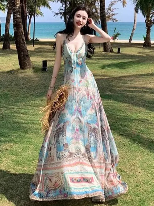 Bohemian Style V-Neck Strap Dress Women Summer A-Line Midi Dress Floral Print Sleeveless Low Waist Korean Commute Style
Bohemian Style V-Neck Strap Dress Women Summer A-Line Midi Dress Floral Print Sleeveless Low Waist Korean Commute Style
