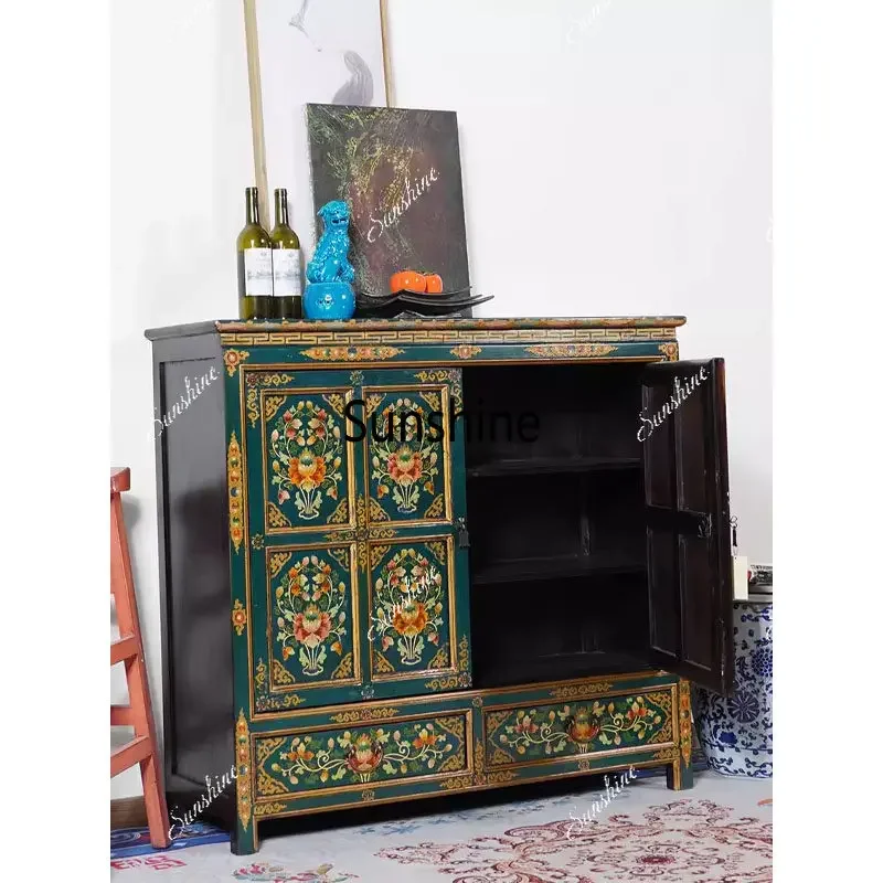 Chinese painted solid wood porch cabinet retro green double door living room partition cabinet
Chinese painted solid wood porch cabinet retro green double door living room partition cabinet
