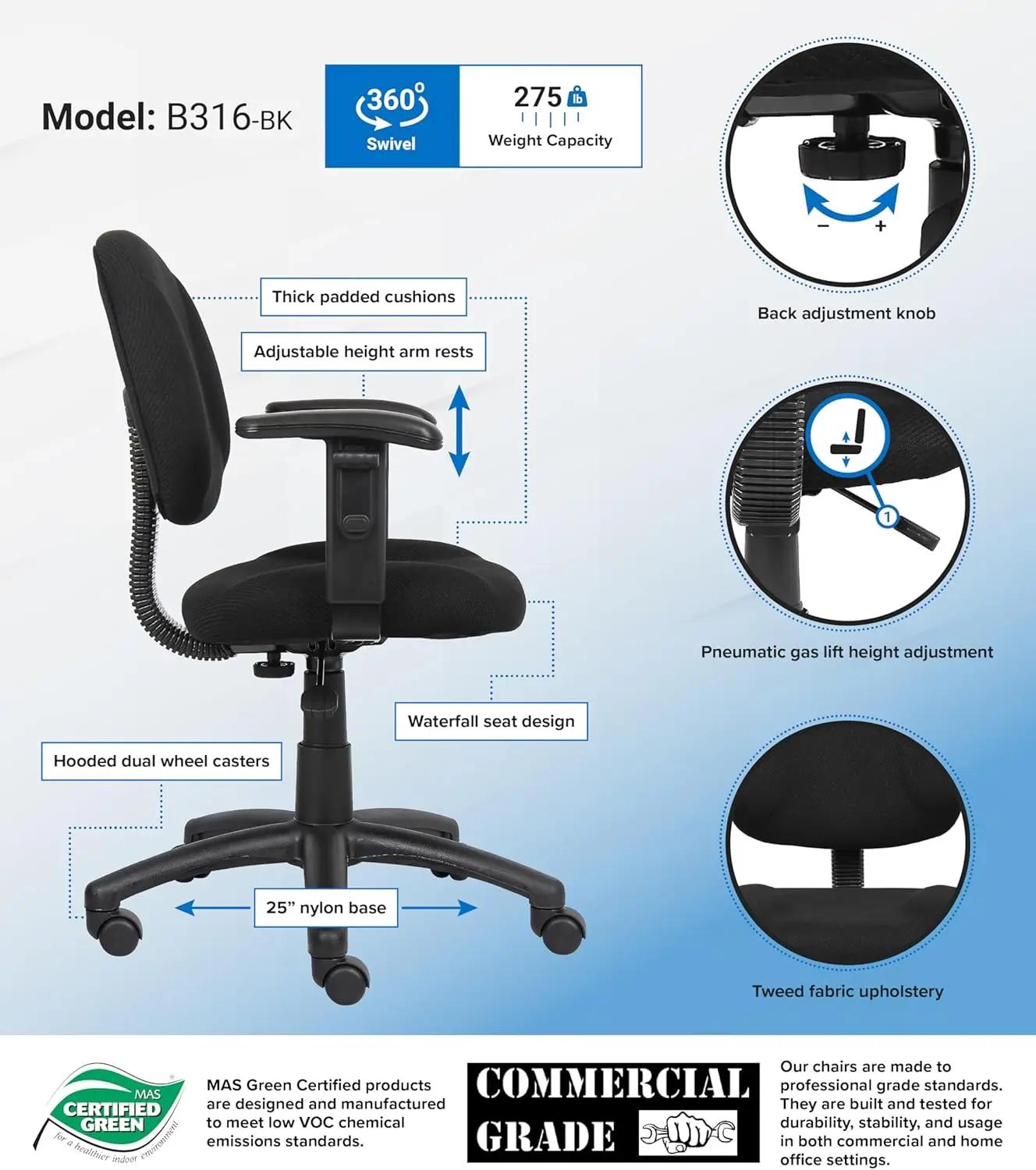 Рабочий стул Perfect Posture Delux из ткани с регулируемыми подлокотниками черного цвета
Рабочий стул Perfect Posture Delux из ткани с регулируемыми подлокотниками черного цвета