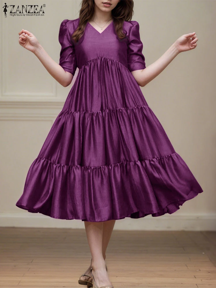 ZANZEA Women Vintage Dress Satin Silk Summer Sundress Ruffled Vestidos 2025 Elegant Solid A-Line Casual Loose Puff Sleeve Robes
ZANZEA Women Vintage Dress Satin Silk Summer Sundress Ruffled Vestidos 2025 Elegant Solid A-Line Casual Loose Puff Sleeve Robes