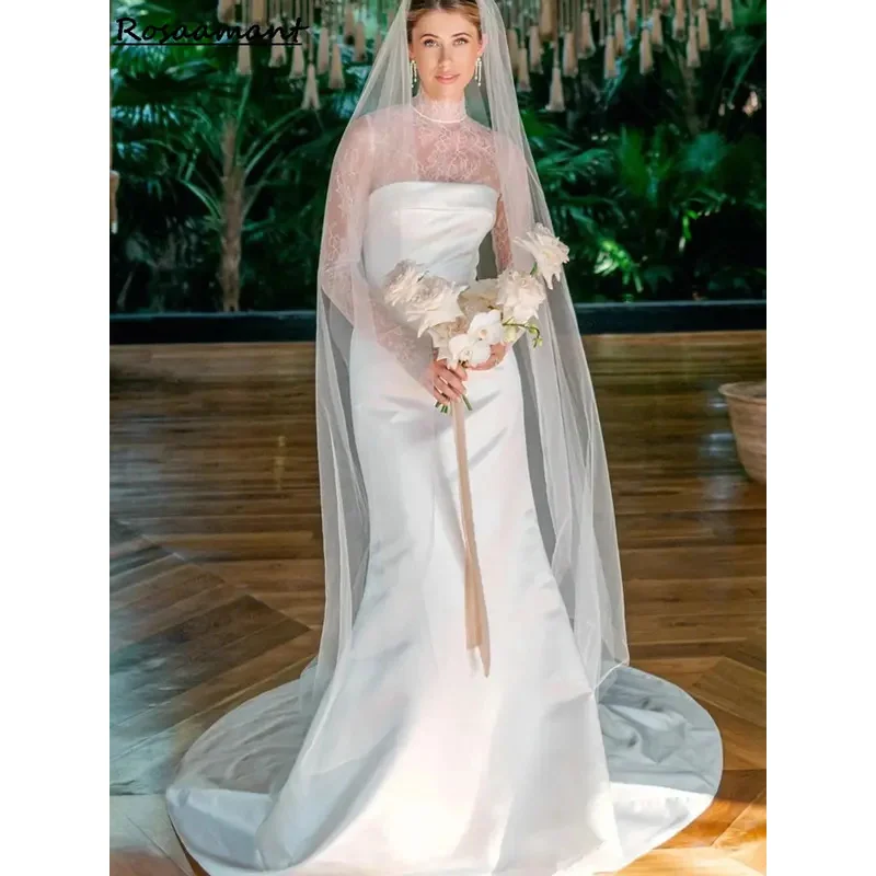 Simple Satin Lace Long Sleeve Mermaid Wedding Dresses Illusion High Neck Boho Bridal Gowns 
Simple Satin Lace Long Sleeve Mermaid Wedding Dresses Illusion High Neck Boho Bridal Gowns