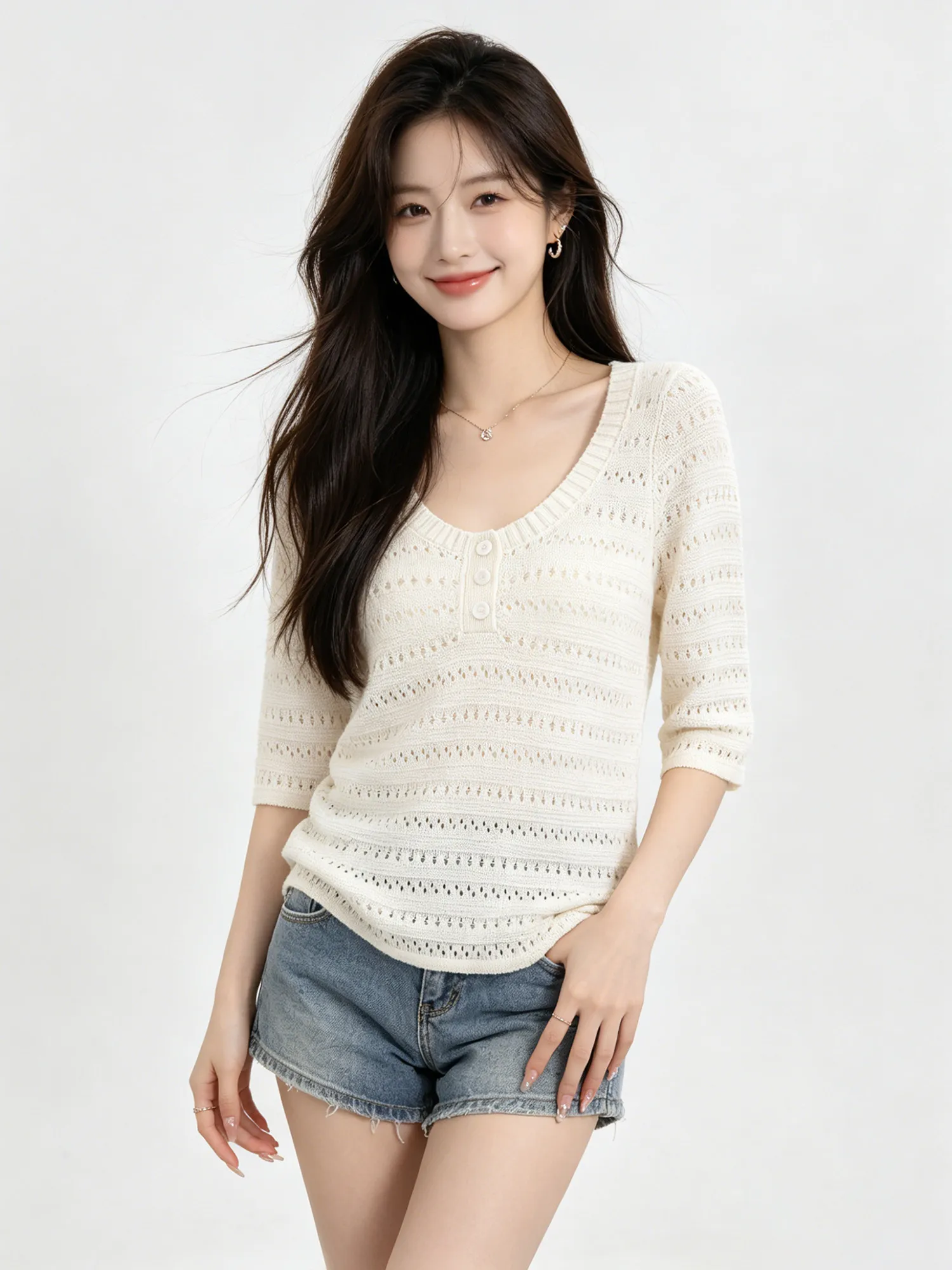 French Style Knitted T-Shirt Women's Summer 2026 New Old Money Style Top Button Hollow out Five Sleeve U Neck Pullover Shirt
French Style Knitted T-Shirt Women's Summer 2026 New Old Money Style Top Button Hollow out Five Sleeve U Neck Pullover Shirt