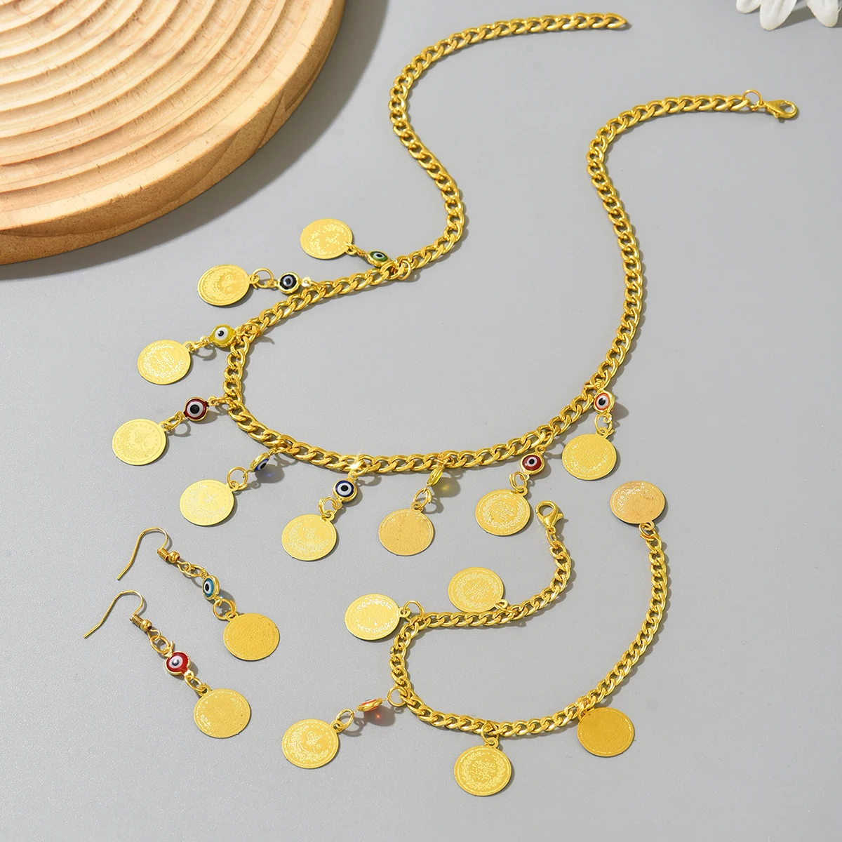 Vintage Bridal 4-Piece set-Golden-Tone Metal With Coin Tassels & Eye Charms Necklace Earrings Bracelet For Exotic Wedding
Vintage Bridal 4-Piece set-Golden-Tone Metal With Coin Tassels & Eye Charms Necklace Earrings Bracelet For Exotic Wedding