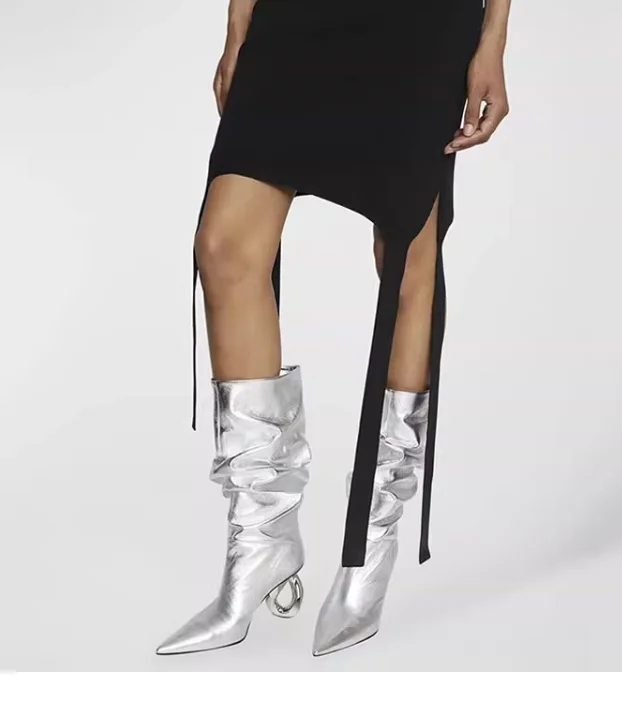 Strange High Heel Sexy Leather Pleated Boots Women Pointed Toe Show Mid-calf Dress Fashion Boots Design Silver Shoes Party 2024
Strange High Heel Sexy Leather Pleated Boots Women Pointed Toe Show Mid-calf Dress Fashion Boots Design Silver Shoes Party 2024