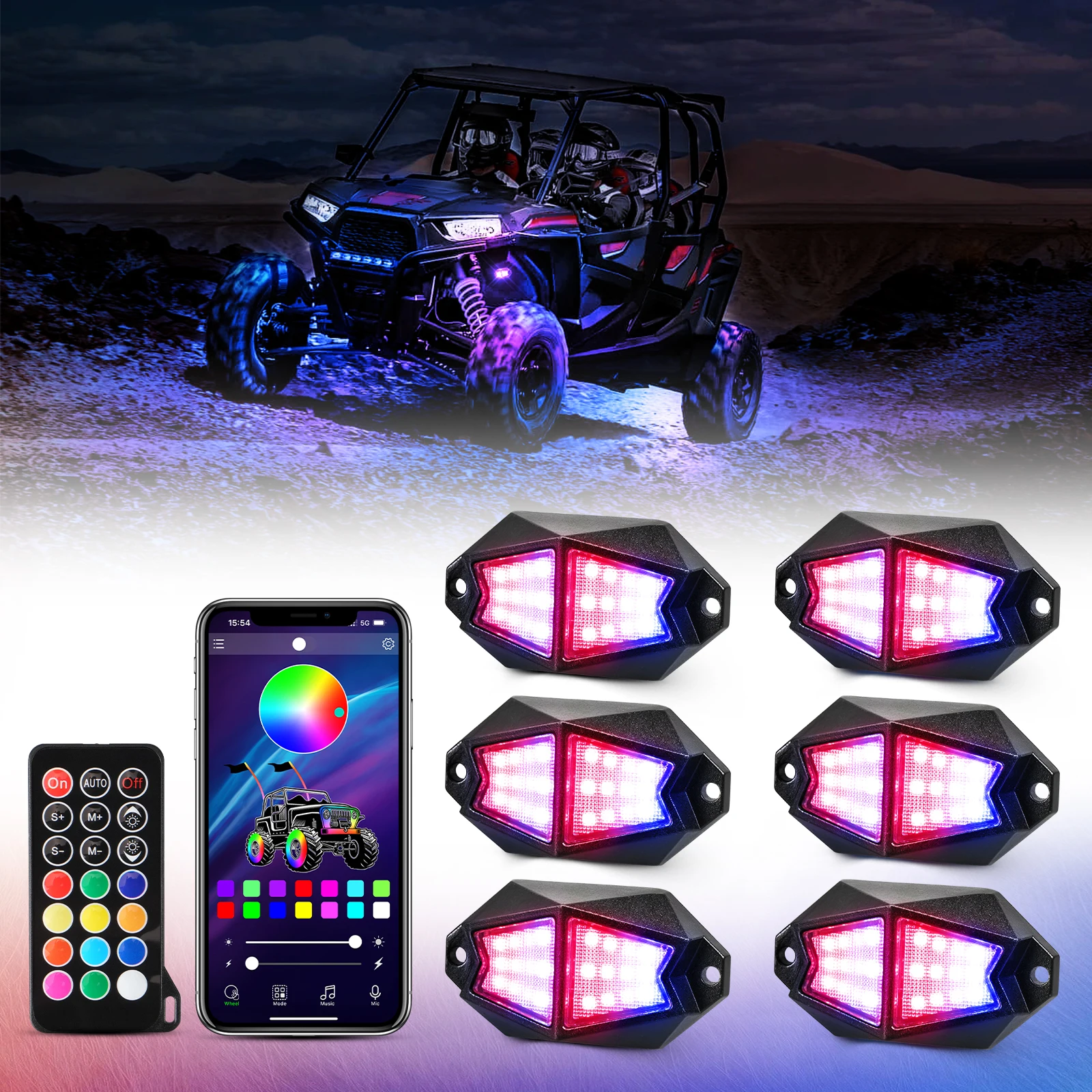 BEVINSEE 6 Pods RGB LED Rock Lights Kit APP & Remote Control Neon Underglow Atmosphere Lights for Offroad Truck SUV ATV UTV Boat
BEVINSEE 6 Pods RGB LED Rock Lights Kit APP & Remote Control Neon Underglow Atmosphere Lights for Offroad Truck SUV ATV UTV Boat