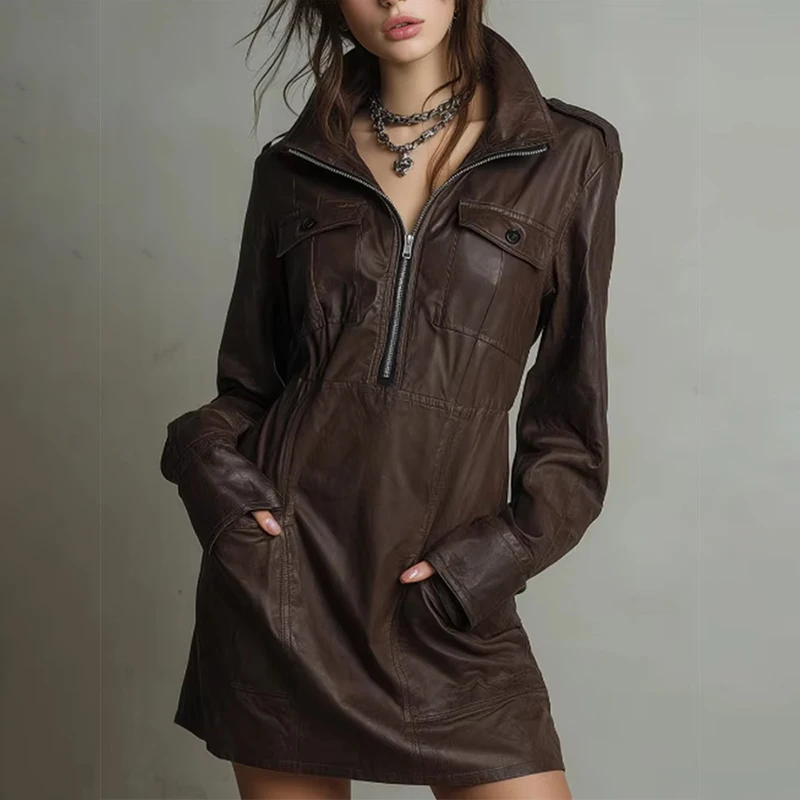 PU Leather Dresses for Women Lapel Collar Half Zip Mini Dress Autumn Long Sleeve High Street Elegant PU Dresses with Pocket
PU Leather Dresses for Women Lapel Collar Half Zip Mini Dress Autumn Long Sleeve High Street Elegant PU Dresses with Pocket