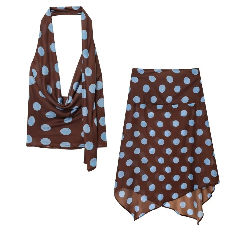 Women's Polka Dot Two Piece Set-Spring Summer Halter Draped Top&Asymmetrical Skirt, Beach Outfit for Vacation&Stylish Photoshoot
Women's Polka Dot Two Piece Set-Spring Summer Halter Draped Top&Asymmetrical Skirt, Beach Outfit for Vacation&Stylish Photoshoot