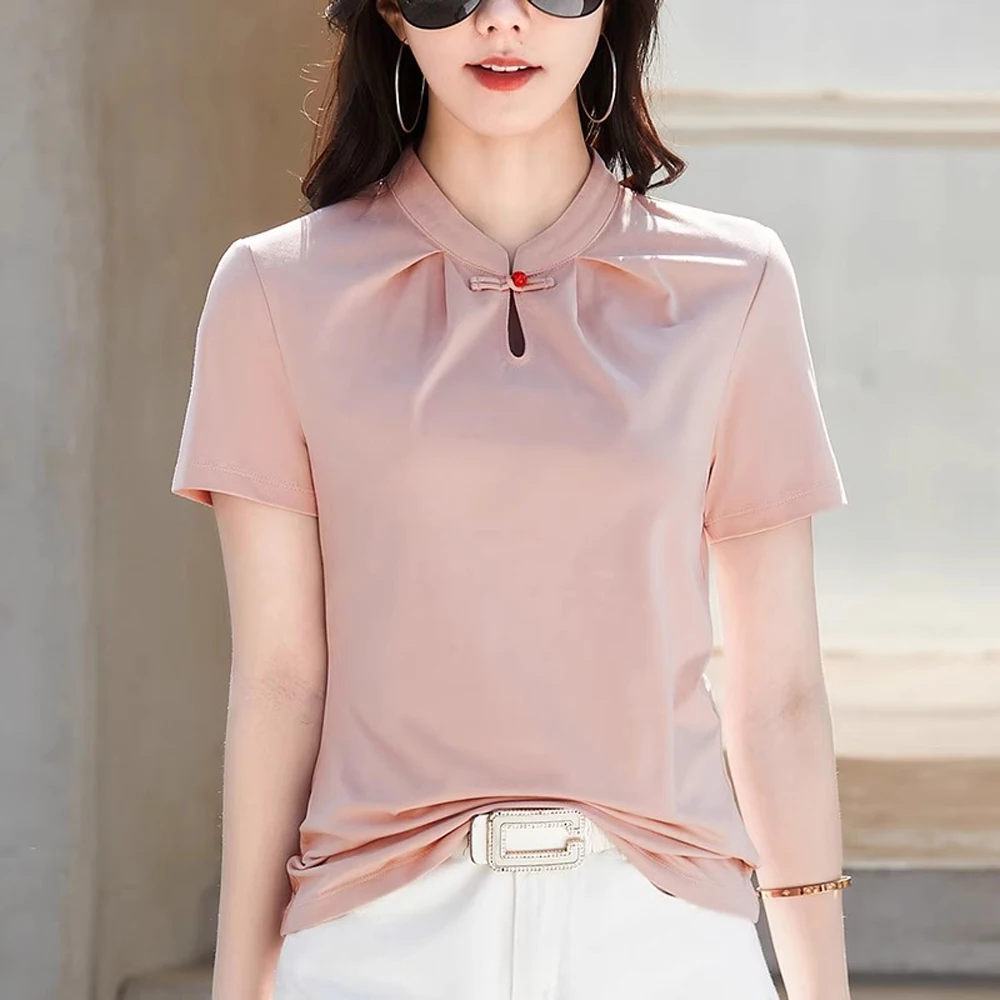 Chinese style pure cotton short sleeved T-shirt women's summer new style simple retro temperament stand up collar casual top
Chinese style pure cotton short sleeved T-shirt women's summer new style simple retro temperament stand up collar casual top