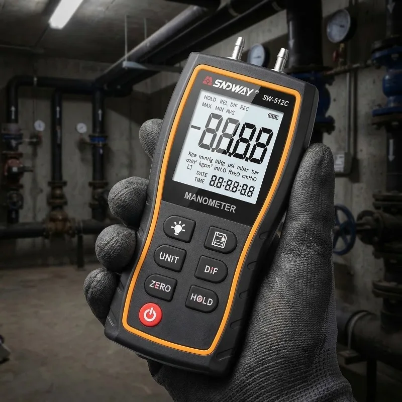 SNDWAY SW-512 Series Digital Differential Manometer Air Pressure Meter ±103.42kPa High Precision Pressure Gauge Tool Kit
SNDWAY SW-512 Series Digital Differential Manometer Air Pressure Meter ±103.42kPa High Precision Pressure Gauge Tool Kit