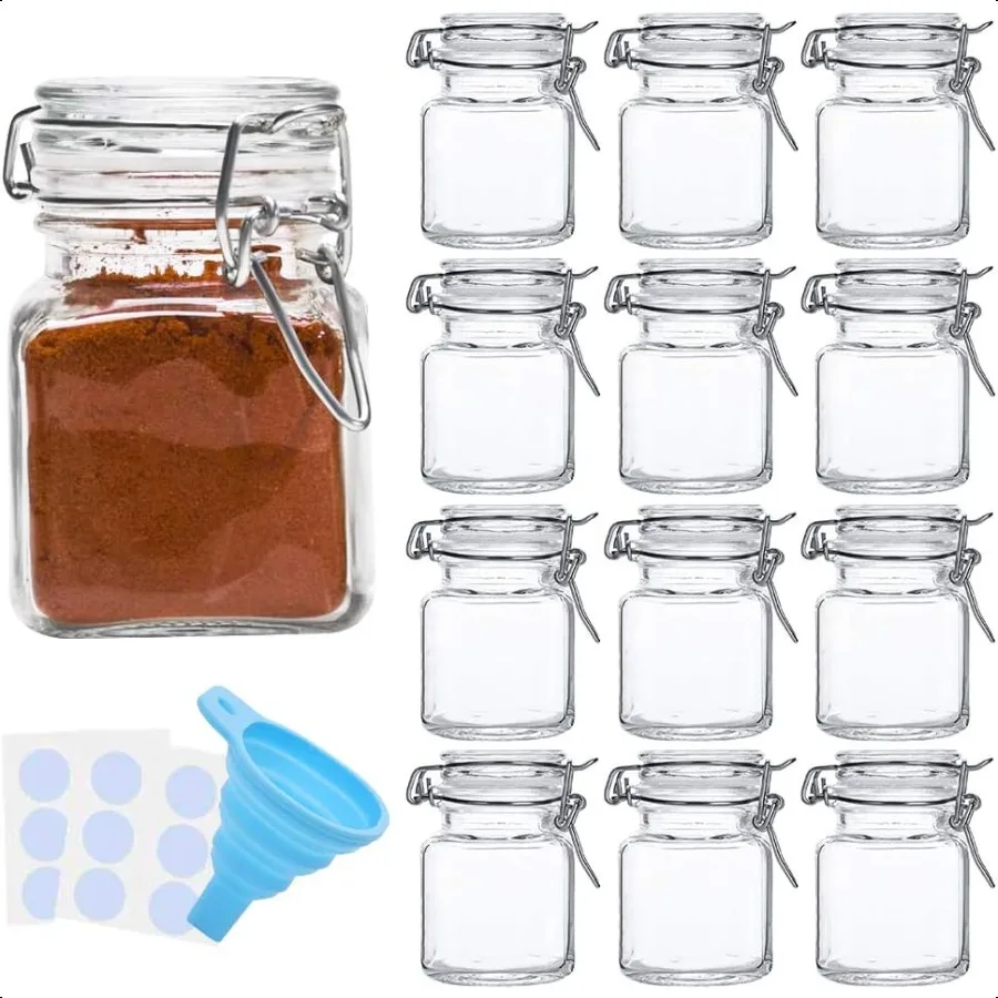 Spice Jars 12 Pack 4oz Small Glass Jars with Airtight Hinged Lid With 12 Spice Labels and Silicone Funnels Airtight Glass Jars
Spice Jars 12 Pack 4oz Small Glass Jars with Airtight Hinged Lid With 12 Spice Labels and Silicone Funnels Airtight Glass Jars