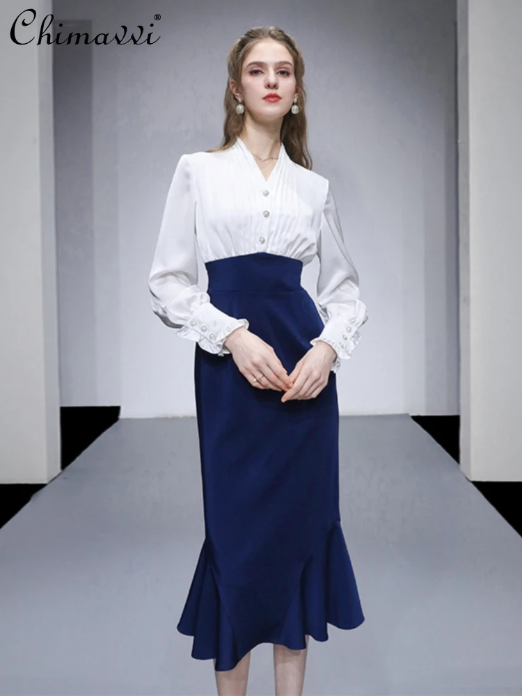 French Fashion Elegant Commute V-neck Lantern Sleeve Single-Breasted Waist OL Color Matching Fishtail Dress Women 2024 Summer
French Fashion Elegant Commute V-neck Lantern Sleeve Single-Breasted Waist OL Color Matching Fishtail Dress Women 2024 Summer