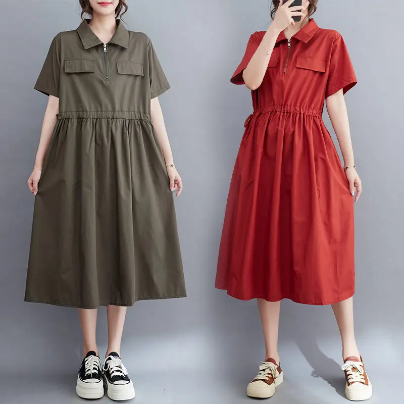Solid Color 2023 Lapel Short Sleeve Dress Women's Loose Large Size Mid Length Drawstring Summer Casual Shirt Dress Z1765
Solid Color 2023 Lapel Short Sleeve Dress Women's Loose Large Size Mid Length Drawstring Summer Casual Shirt Dress Z1765