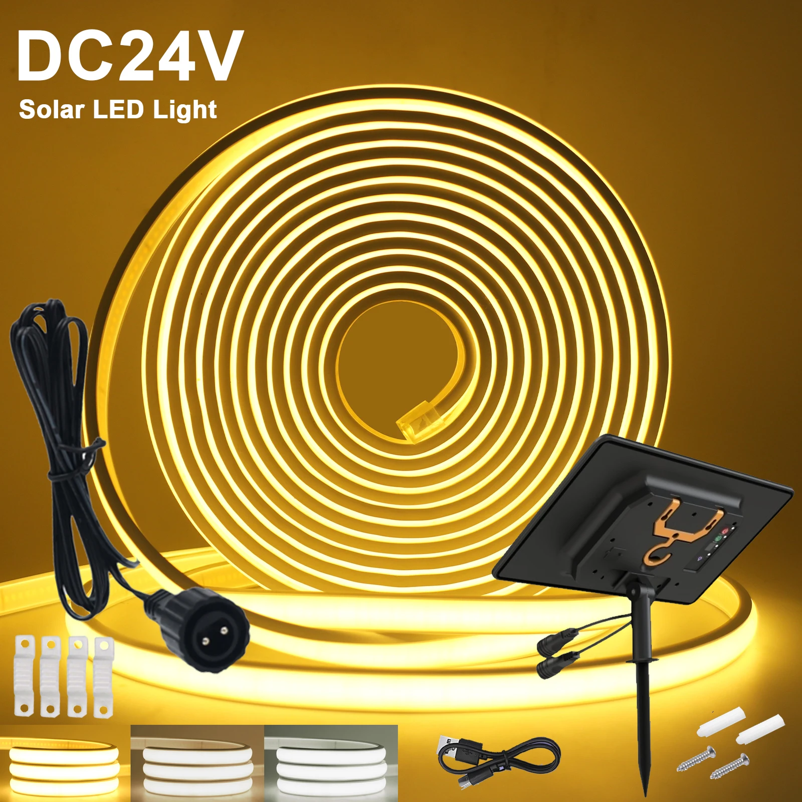 24V Waterproof COB LED Solar Strip Neon Light 320LEDs/m Flexible Rope Light Warm Natural White Courtyard Outdoor Home Lighting
24V Waterproof COB LED Solar Strip Neon Light 320LEDs/m Flexible Rope Light Warm Natural White Courtyard Outdoor Home Lighting