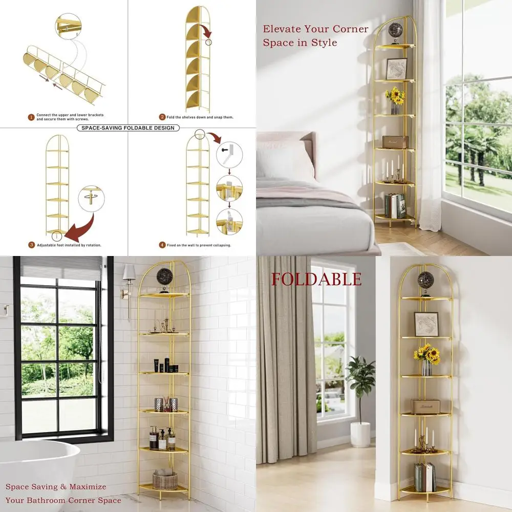 6-Tier Foldable Corner Shelf - Gold Metal Plant Stand for Home Display in Living Room, Bedroom, Bathroom
6-Tier Foldable Corner Shelf - Gold Metal Plant Stand for Home Display in Living Room, Bedroom, Bathroom