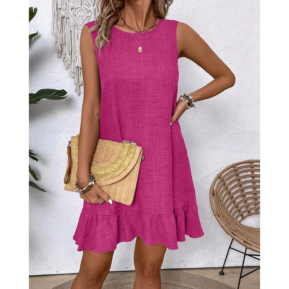 Women Ruffles Sleeveless Dress Tied Back Round Neck Elegant Mini Dress Casual Summer Dress Wear Dress
Women Ruffles Sleeveless Dress Tied Back Round Neck Elegant Mini Dress Casual Summer Dress Wear Dress