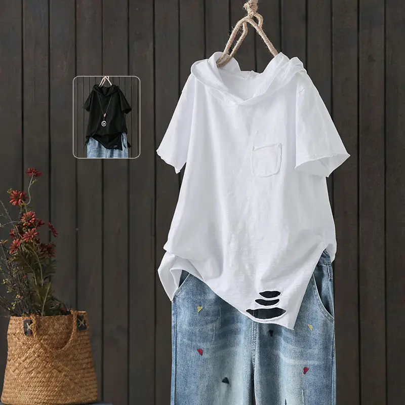 Hole Hooded Short Sleeve Loose Street Casual Tops Summer New Solid Simplicity Trend T Shirts Fashion Harajuku Women Clothing
Hole Hooded Short Sleeve Loose Street Casual Tops Summer New Solid Simplicity Trend T Shirts Fashion Harajuku Women Clothing