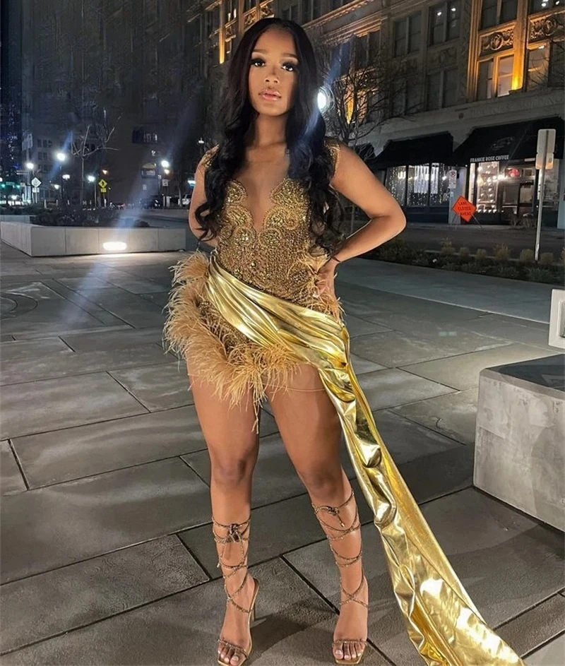 Luxury Gold Sheer Feather Short Prom Dresses For Black Girls Sexy Women African Cocktail Dresses Birthday Party Homecoming
Luxury Gold Sheer Feather Short Prom Dresses For Black Girls Sexy Women African Cocktail Dresses Birthday Party Homecoming
