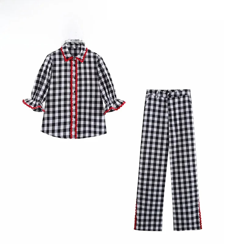 Spring New Faion Retro Color Blo Plaid 5/4 Sve irt Pants Set Women's Sle Long Pants Straight Cut Polyester Fiber
Spring New Faion Retro Color Blo Plaid 5/4 Sve irt Pants Set Women's Sle Long Pants Straight Cut Polyester Fiber