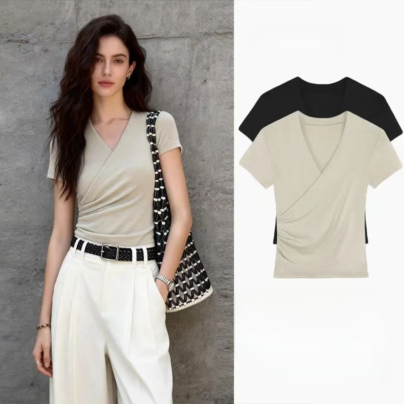 New V-neck Cross T-shirt Slim Fit Short Sleeve Versatile Top French Style Splice Polyester Ladies Fashion Spring Pure Color
New V-neck Cross T-shirt Slim Fit Short Sleeve Versatile Top French Style Splice Polyester Ladies Fashion Spring Pure Color