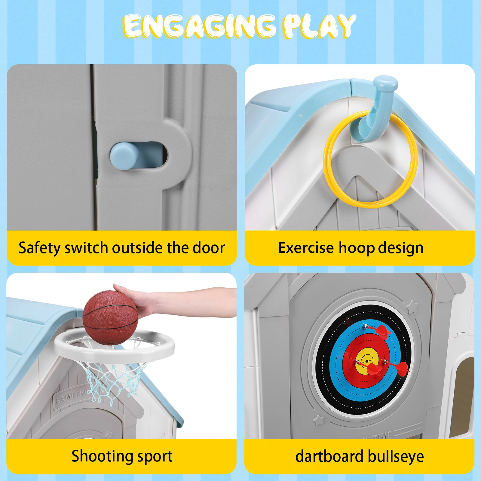 Kids Playhouse with Basketball Hoop Dartboard Garden Games Cottage Plastic Playhouse for Toddlers
Kids Playhouse with Basketball Hoop Dartboard Garden Games Cottage Plastic Playhouse for Toddlers