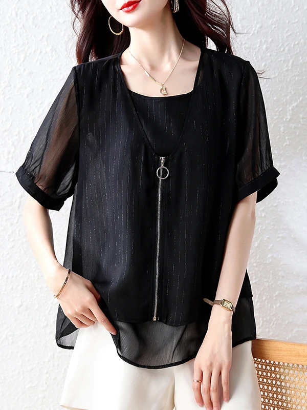 Slimming Design Sense Zipper Chiffon Top Women's Summer 2026 New plus Size Black Short Sleeve Fake Two-Piece Fat MM Top
Slimming Design Sense Zipper Chiffon Top Women's Summer 2026 New plus Size Black Short Sleeve Fake Two-Piece Fat MM Top