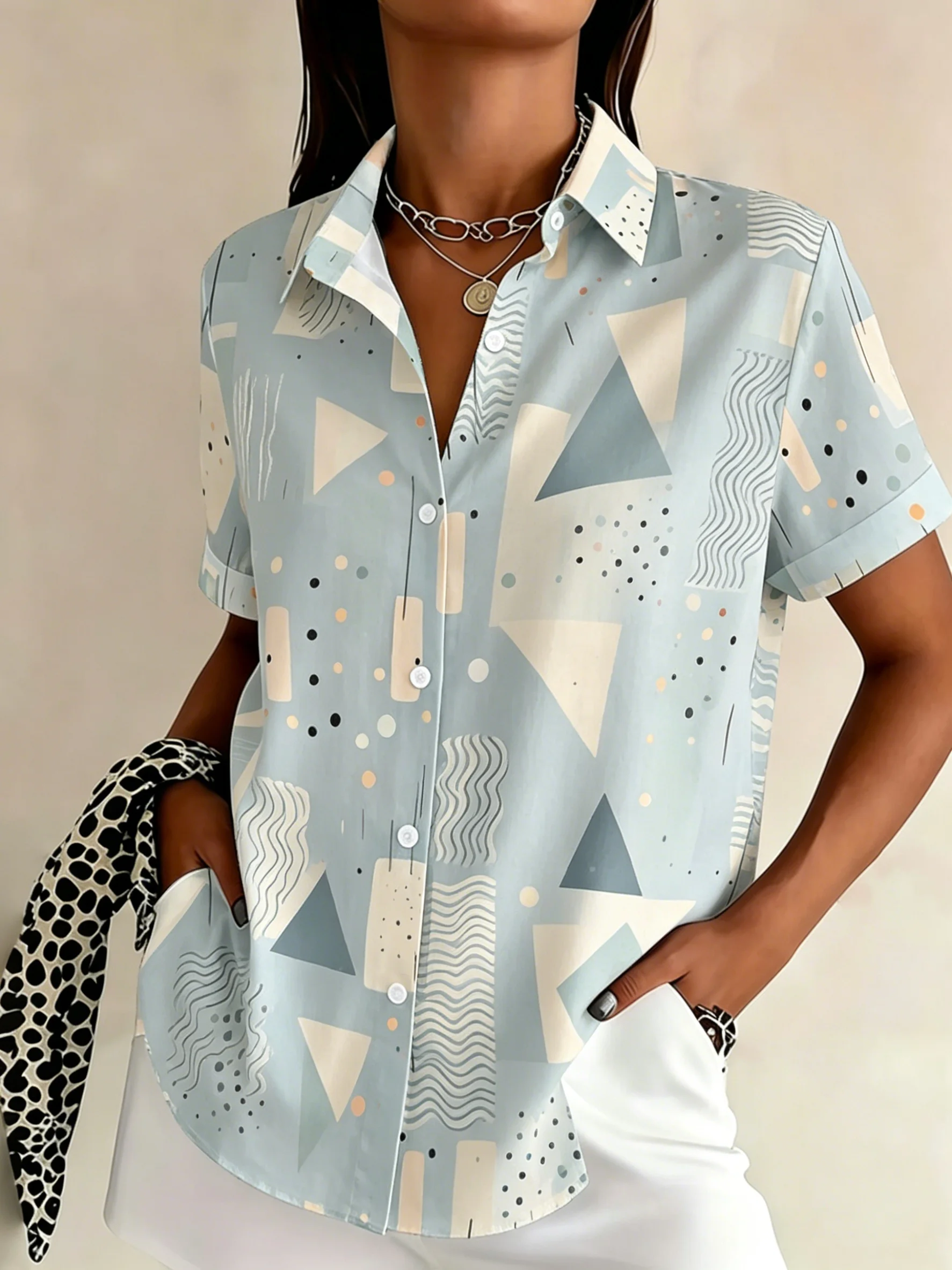 Women's Spring Summer Lapel Shirt, Light Blue Abstract Geometric Triangle Wave Dot Block Print Casual Tops for Daily Outfit
Women's Spring Summer Lapel Shirt, Light Blue Abstract Geometric Triangle Wave Dot Block Print Casual Tops for Daily Outfit