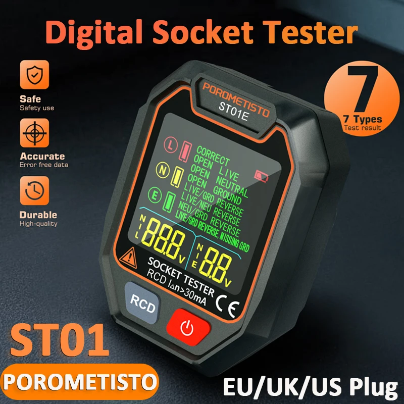 POROMETISTO ST01 вилка европейского/американского/британского стандарта, цифровой тестер розеток, тестер полярности удержания данных, электроскоп для проверки цепей с цветным экраном
POROMETISTO ST01 вилка европейского/американского/британского стандарта, цифровой тестер розеток, тестер полярности удержания данных, электроскоп для проверки цепей с цветным экраном