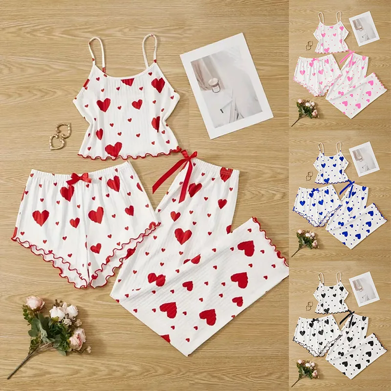 Summer New Ladies Sexy Three-Piece Camisole Pajama Set Knitted Pit Stripes Love Print Sweet Camisole Shorts Pure Desire Pajamas
Summer New Ladies Sexy Three-Piece Camisole Pajama Set Knitted Pit Stripes Love Print Sweet Camisole Shorts Pure Desire Pajamas