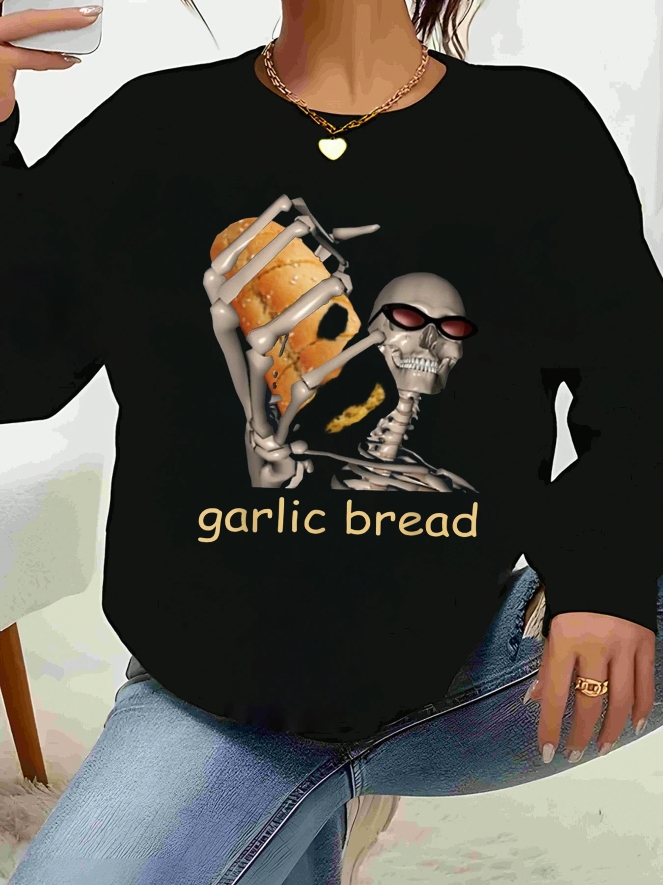 Skeleton Garlic Bread Print Halloween Long Sleeve Tee Casual Wear Women
Skeleton Garlic Bread Print Halloween Long Sleeve Tee Casual Wear Women