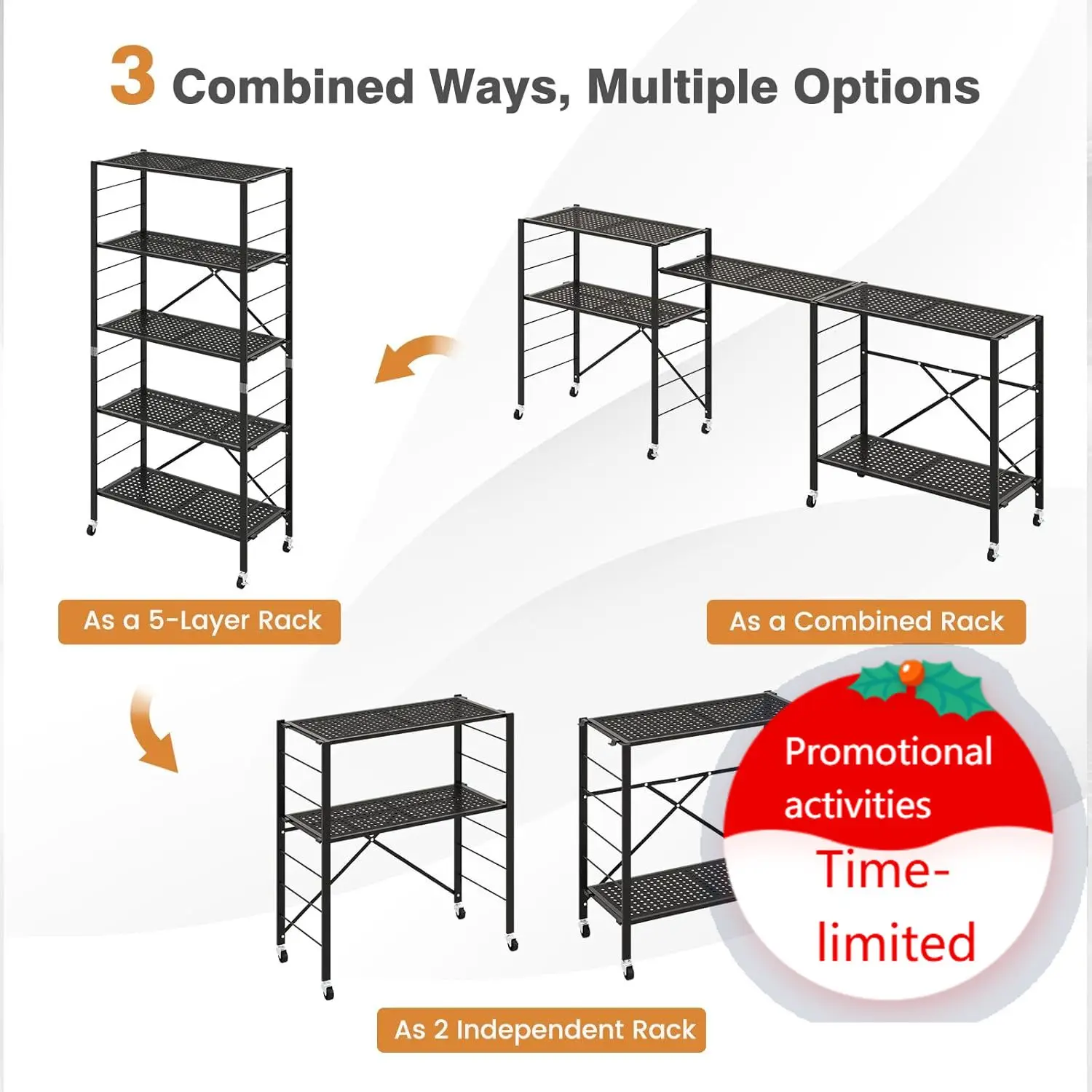 5-Tier Folding Bookshelf with Wheels Black, 60" Tall Foldable Metal Shelves for Storage, Freestanding Open Shelving Storage, Eas
5-Tier Folding Bookshelf with Wheels Black, 60" Tall Foldable Metal Shelves for Storage, Freestanding Open Shelving Storage, Eas