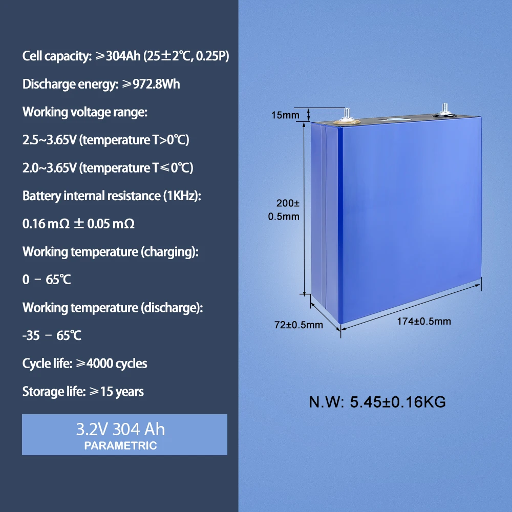 EVE 3.2V 304Ah Lithium Ion Batteries Rechargeable Prismatic Lifepo4 Battery Cells Solar Storage Battery
EVE 3.2V 304Ah Lithium Ion Batteries Rechargeable Prismatic Lifepo4 Battery Cells Solar Storage Battery