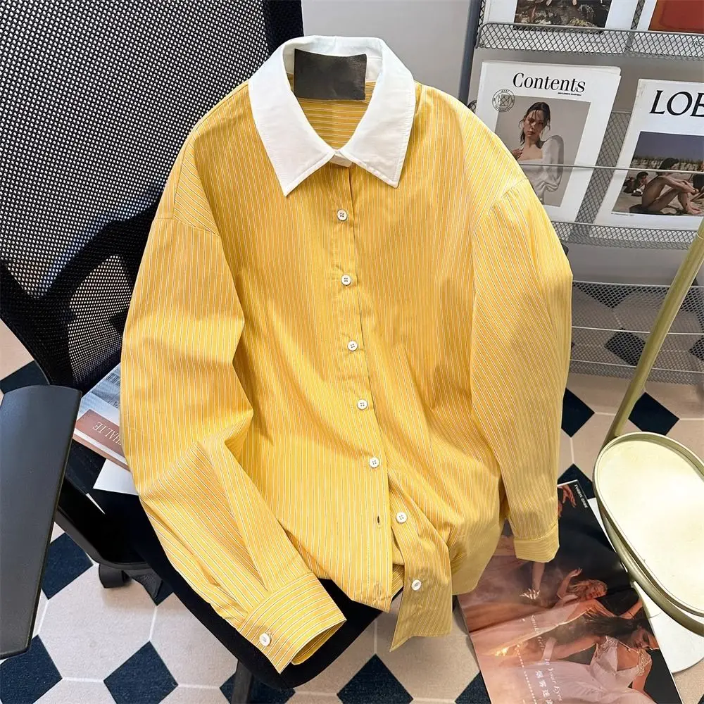 Yellow Casual Patchwork All-match Striped Long Sleeve Blouse Spring New Simplicity Buttons Turn-down Collar Women's Shirt Tops 
Yellow Casual Patchwork All-match Striped Long Sleeve Blouse Spring New Simplicity Buttons Turn-down Collar Women's Shirt Tops
