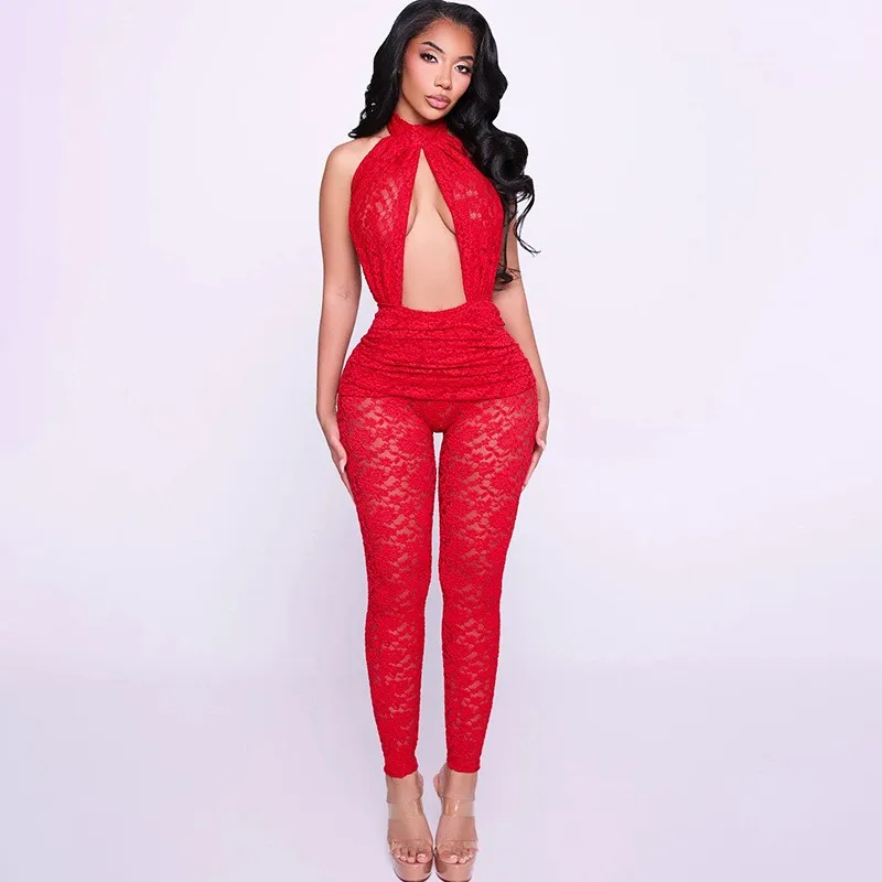 Red Lace Jumpsuit Halter Neck Sleeveless Lace Panel Jumpsuits Open Back High Waist Slim Fit Romper Deep V Cutout Backless
Red Lace Jumpsuit Halter Neck Sleeveless Lace Panel Jumpsuits Open Back High Waist Slim Fit Romper Deep V Cutout Backless