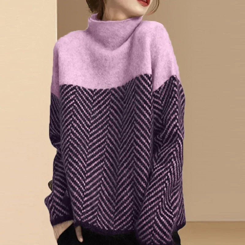 Epligg Spliced Half High Collar Soft Loose Warm Sweater Womens Autumn Striped Casual Thick Pull Knitted Tops Vintage Jumpers
Epligg Spliced Half High Collar Soft Loose Warm Sweater Womens Autumn Striped Casual Thick Pull Knitted Tops Vintage Jumpers