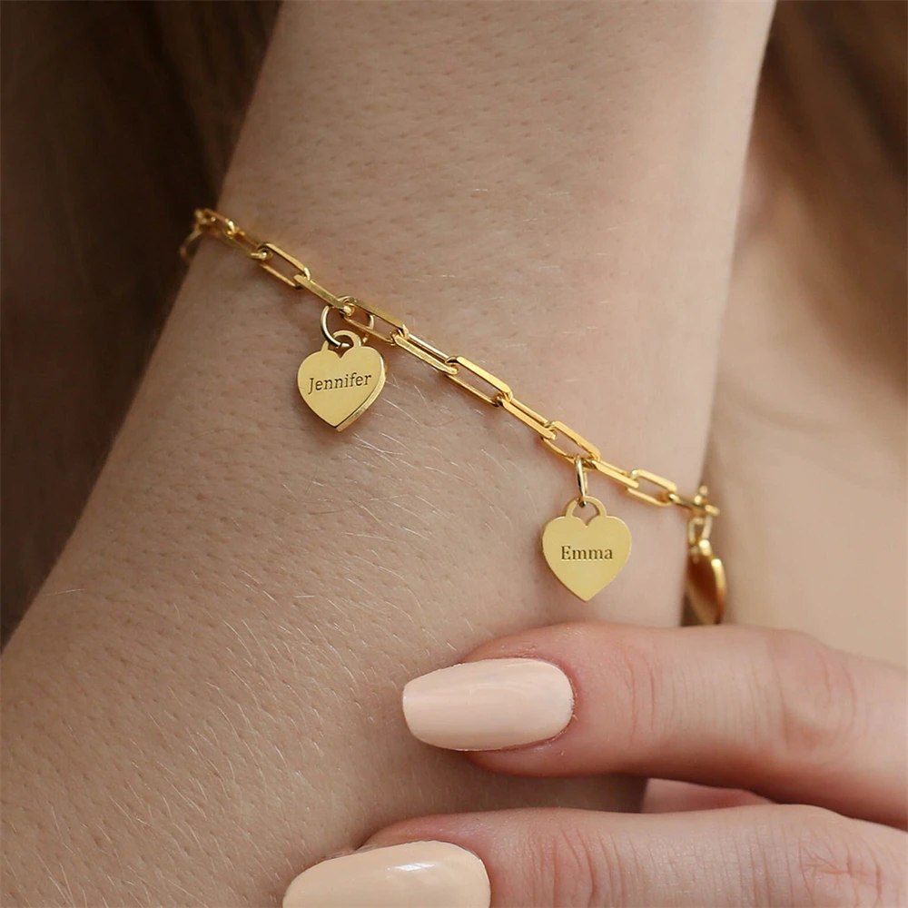 Personalized Heart Charms Bracelet Paperclip Chain Engraved Kids Name Bracelet Custom Family Jewelry Mothers Day Gift Christmas
Personalized Heart Charms Bracelet Paperclip Chain Engraved Kids Name Bracelet Custom Family Jewelry Mothers Day Gift Christmas