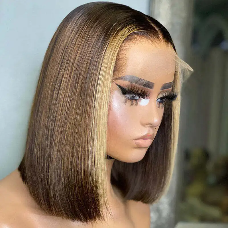 Chocolate Brown Bob Wig with Blonde Skunk Stripe Remy Lace Front Wig 
Chocolate Brown Bob Wig with Blonde Skunk Stripe Remy Lace Front Wig