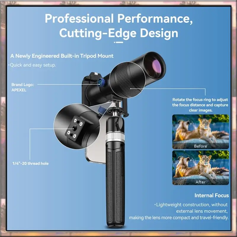 BAAZ HOT APL-T30X Phone Telephoto Lens HD Internal Focus With Tripod 30X Telephoto Lens For Concert Telephoto Photography
BAAZ HOT APL-T30X Phone Telephoto Lens HD Internal Focus With Tripod 30X Telephoto Lens For Concert Telephoto Photography
