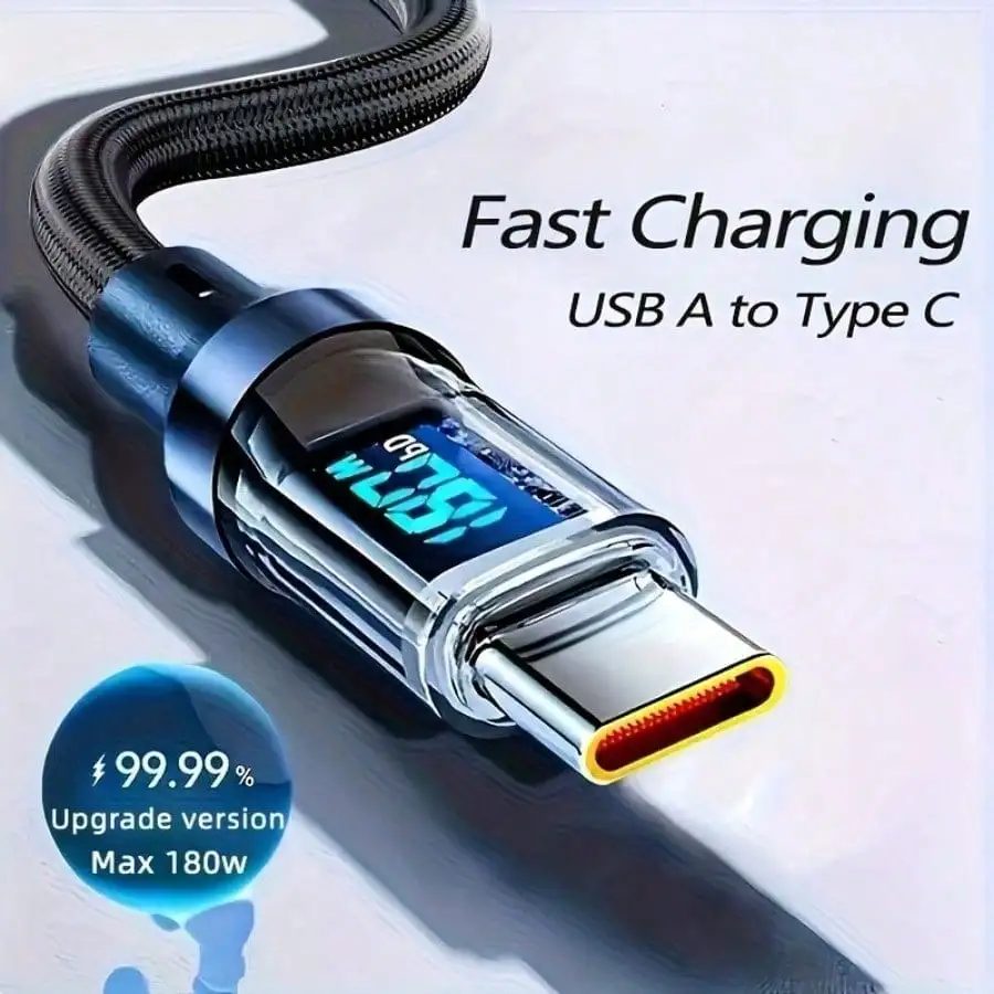 Кабель USB A - Type-C для сверхбыстрой зарядки 180 Вт с LED-дисплеем, матовой поверхностью, синхронизацией данных и передачей энергии через USB.
Кабель USB A - Type-C для сверхбыстрой зарядки 180 Вт с LED-дисплеем, матовой поверхностью, синхронизацией данных и передачей энергии через USB.