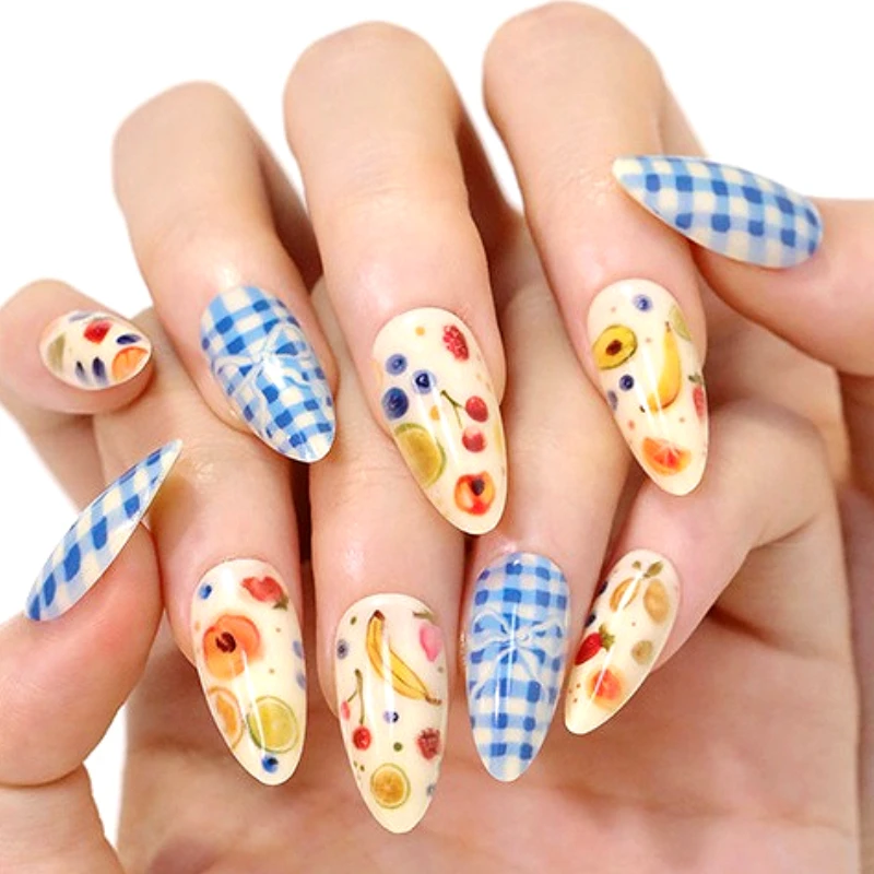 Banana Peach Lemon Strawberry Fruits Blue Grid Bowknot Almond False Nails Tip Long Pointed Fake Nails Art Press on Nails Charms
Banana Peach Lemon Strawberry Fruits Blue Grid Bowknot Almond False Nails Tip Long Pointed Fake Nails Art Press on Nails Charms