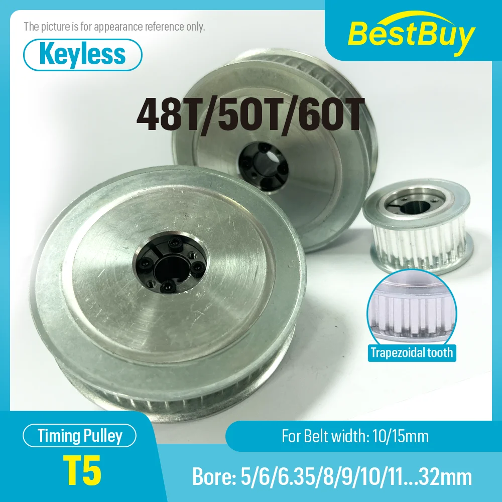 T5 Trapezoidal Tooth Timing Pulley 48T/50T/60T for Synchronous Belt Keyless Bushing Bore 5-32mm Width 10/15mm
T5 Trapezoidal Tooth Timing Pulley 48T/50T/60T for Synchronous Belt Keyless Bushing Bore 5-32mm Width 10/15mm
