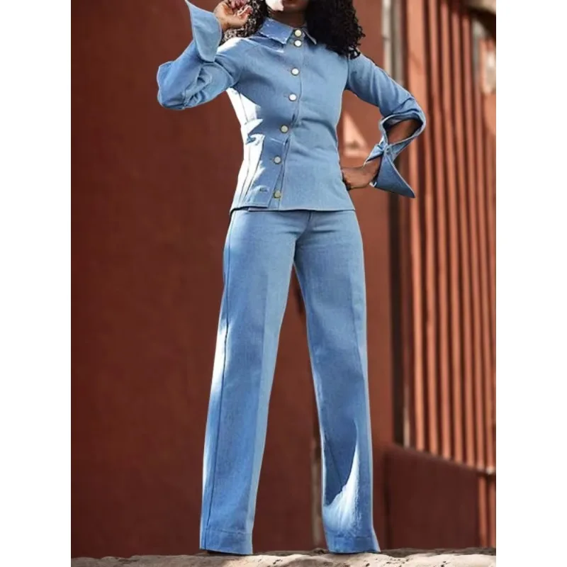 Women's Autumn Pants Sets Long Sleeve Slanted Single-breasted Shirt Top and High Waist Straight Pants 2 pieces suits
Women's Autumn Pants Sets Long Sleeve Slanted Single-breasted Shirt Top and High Waist Straight Pants 2 pieces suits