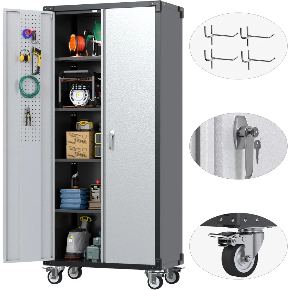 72" H Metal Garage Storage Cabinet with Wheels, Rolling Tool Storage Cabinet with Pegboard and 4 Adjustable Shelves
72" H Metal Garage Storage Cabinet with Wheels, Rolling Tool Storage Cabinet with Pegboard and 4 Adjustable Shelves
