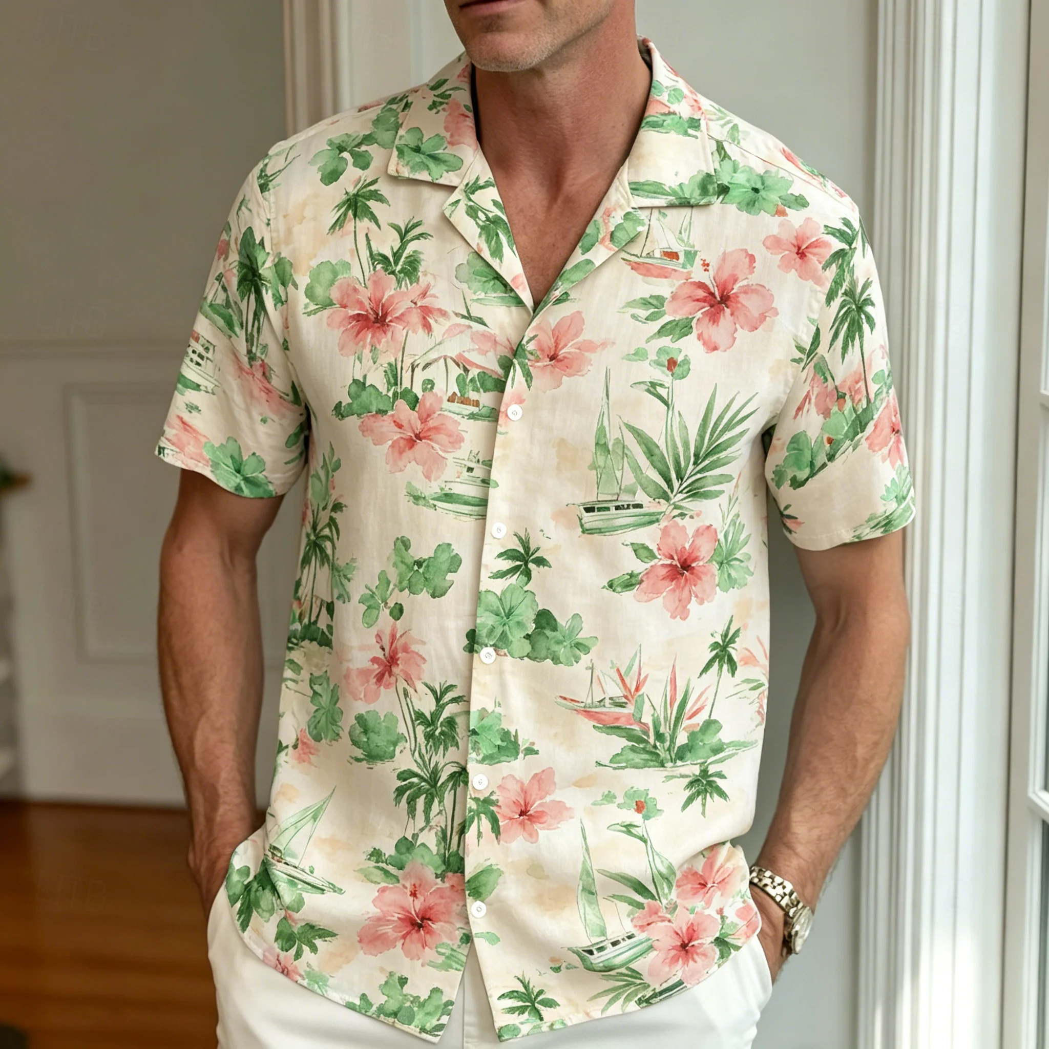Men's Watercolor Hibiscus Sailboat Print Short Sleeve Shirt Tropical Palm Leaf Graphic Casual Cuban Collar Top for Spring Summer
Men's Watercolor Hibiscus Sailboat Print Short Sleeve Shirt Tropical Palm Leaf Graphic Casual Cuban Collar Top for Spring Summer