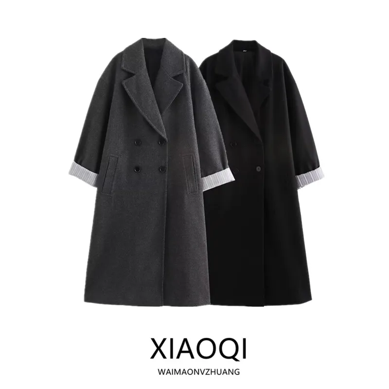 Свободное двубортное женское пальто с лацканами Long Sve, осень 2024, Новое поступление, простая шерстяная верхняя одежда Sli для поездок на работу