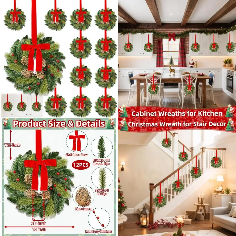 Mini Christmas Wreaths for Kitchen Cabinets, 12 Inch Aspen Fir with Pine Cones and Red Berry Bows, Ideal Holiday Decor
Mini Christmas Wreaths for Kitchen Cabinets, 12 Inch Aspen Fir with Pine Cones and Red Berry Bows, Ideal Holiday Decor
