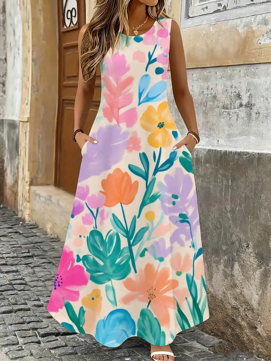 Floral Maxi Dress Multicolor Watercolor Print Summer Beach Vacation Dress
Floral Maxi Dress Multicolor Watercolor Print Summer Beach Vacation Dress