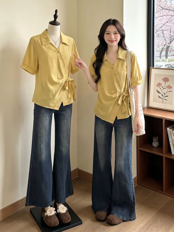 Yellow V-Neck Short Sleeve Shirt Women's plus Size Belted Waist in Summer New Style Korean Loose Fit Regular Sleeve Length
Yellow V-Neck Short Sleeve Shirt Women's plus Size Belted Waist in Summer New Style Korean Loose Fit Regular Sleeve Length