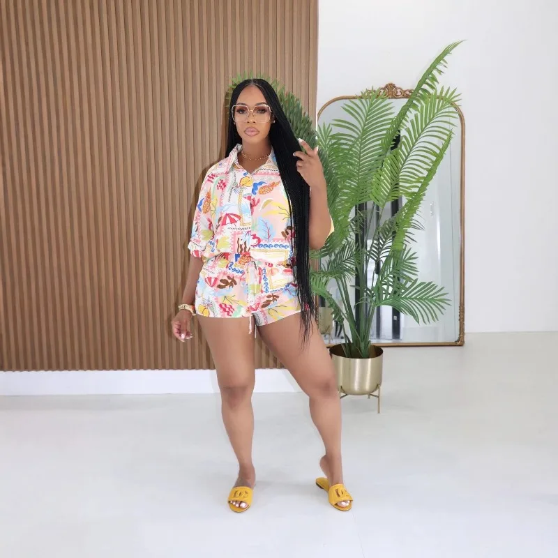 Vacation Beach Fashion Printed Glossy Silky 2 Piece Set Women Turn Down Collar Short Sleeve Single Breasted Shirts Tops + Shorts
Vacation Beach Fashion Printed Glossy Silky 2 Piece Set Women Turn Down Collar Short Sleeve Single Breasted Shirts Tops + Shorts